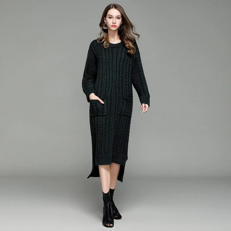 Женский осенне-зимний супер длинный свитер с карманами повседневный пуловер