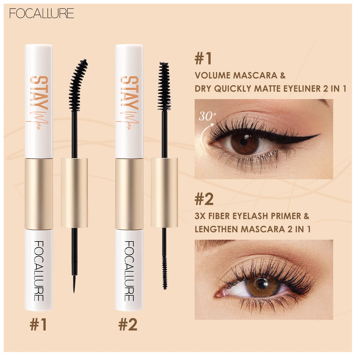 

FOCALLURE 2 In 1 Mascara Eyeliner & Mascara Fiber Waterproof Lengthening Eyelash Primer Lash Curling Eyelash Cosmetics Makeup