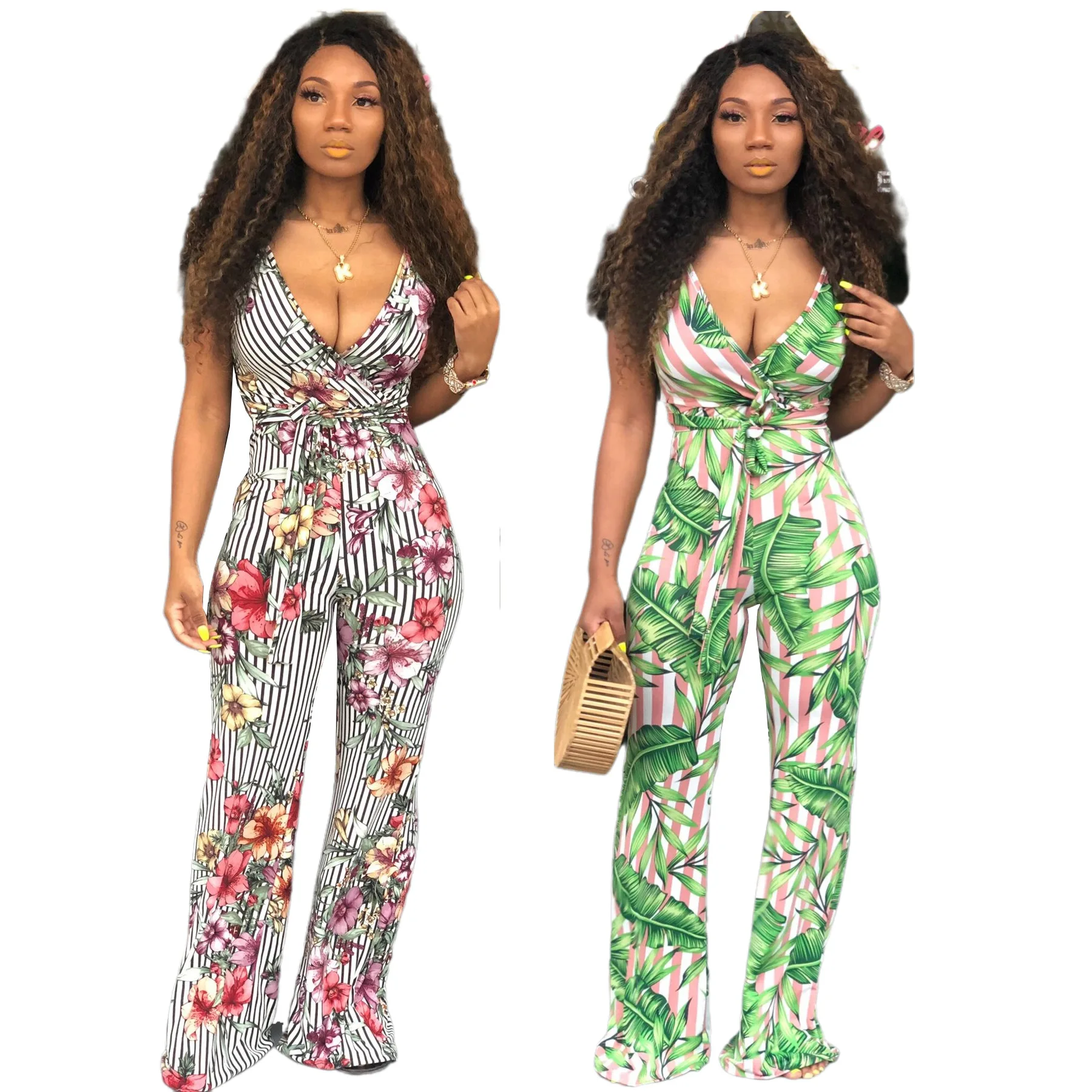 

New Sexy Fashion Digital Printing Sleeveless V-Neck Jumpsuit Straight-Shaped Mid-Waist Belted Women's Trousers Jumpsuit