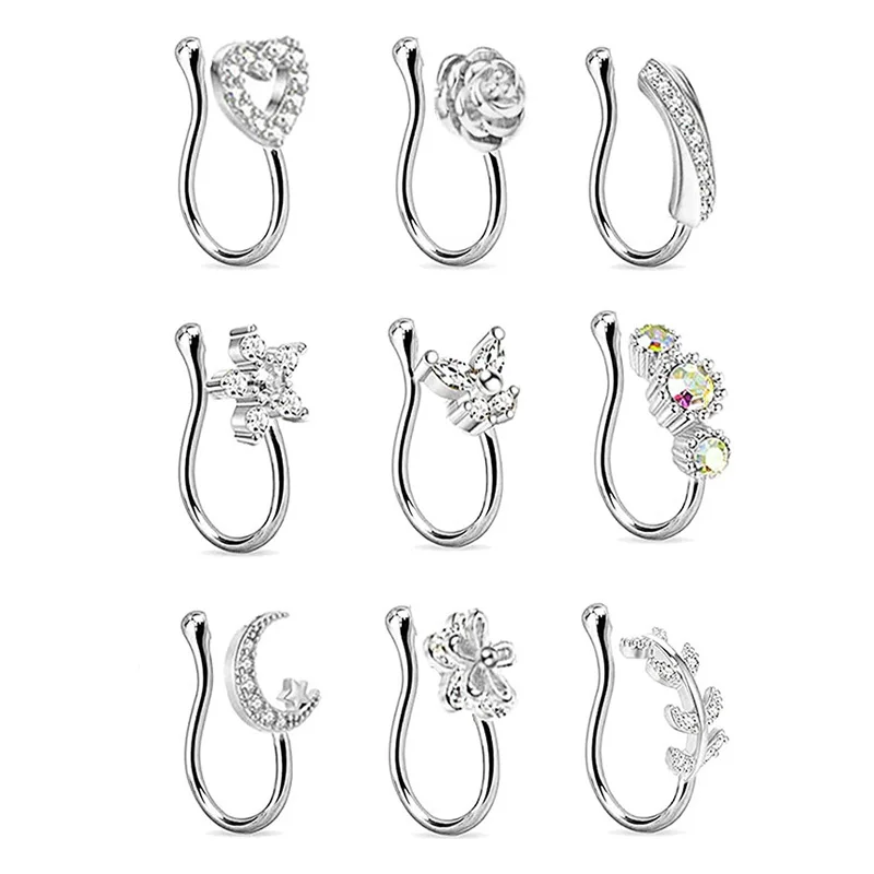 9 шт./компл. цветок бабочка Поддельные кольца для носа набор кристаллов без