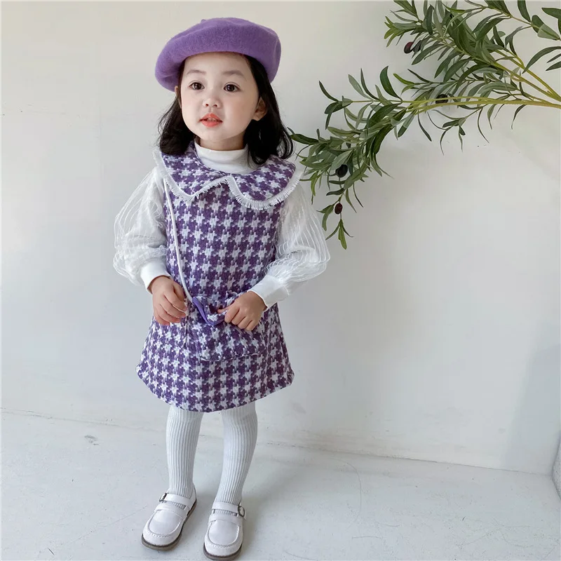 

DFXD 2021 Spring Toddler Girls Clothing Sets For 2-7T Korean White Puff Sleeve High Collar Bottoming Shirt+Wool Plaid Vest Dress