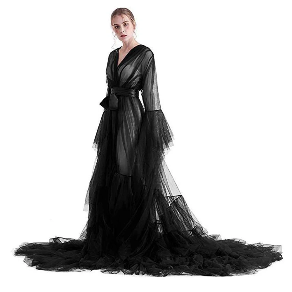 

Bridal Dressing Robe Tulle Illusion Long Wedding Scarf Lingerie Robe Sexy Nightgown for Women