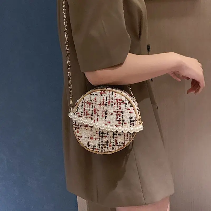 Шерстяная тканая маленькая круглая сумка на плечо женская для покупок Пляжная