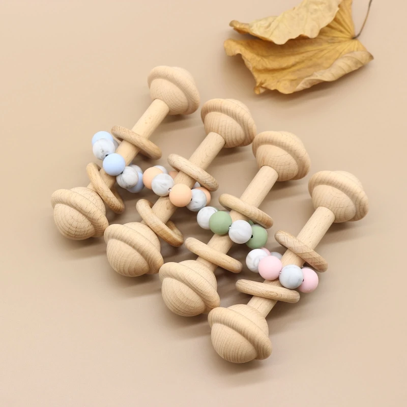 

Baby Beech Teether Bell Rattle Toddler Teething Nursing Toy Shower Gifts Soother Molar Beads Ring