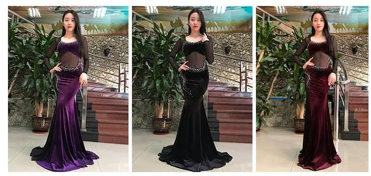 Костюм для восточных танцев, женское длинное платье, сексуальный прозрачный танцевальный наряд, бархатный, фиолетовый, черный, ярко-розовый, для занятий спортом