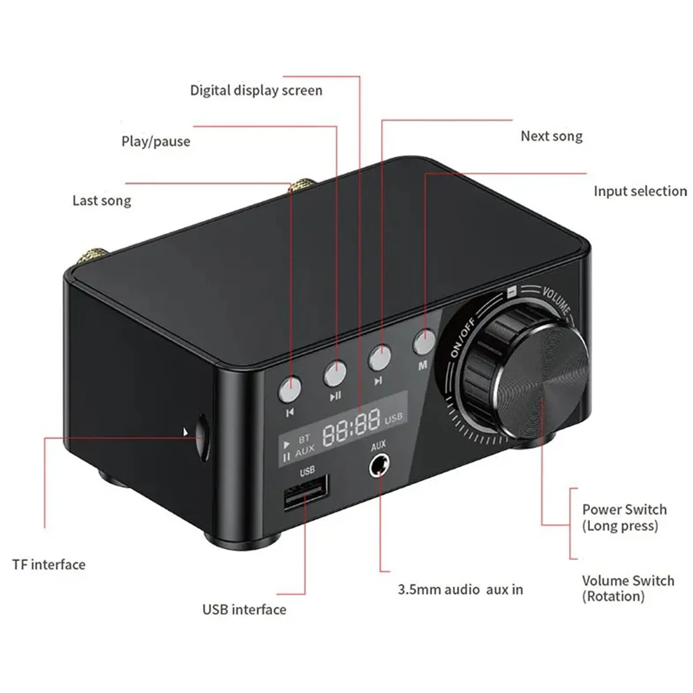 

Audio Amplifier Receiver Bluetooth 5.0 Stereo Home Speaker 50W x 2 TPA3116 HiFi Power Amp for Home Speaker