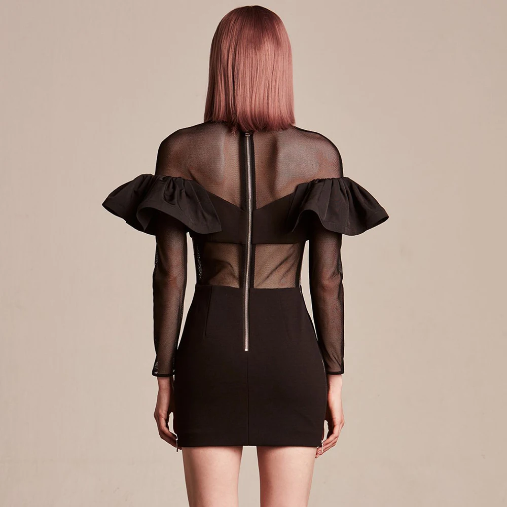 

2019 New black lace round neck long sleeve Vestidos Celebrity evening party bodycon bandage dresses wholesale