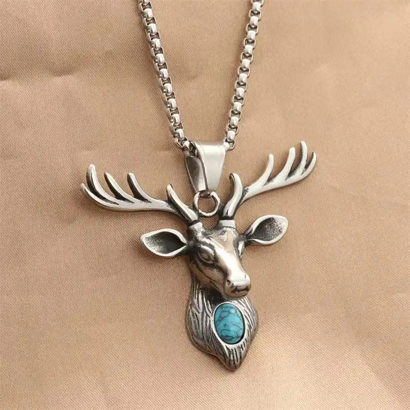 

European and American titanium steel Sika Deer pendant personality punk retro trendy men's stainless steel Turquoise Deer Head P