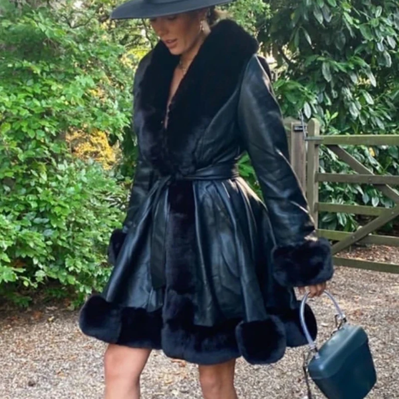 

Pockets Jackets Women Fashion PU Leather Tie Belt Waist Long Coats Women Elegant Solid Faux Fur Jackets Female