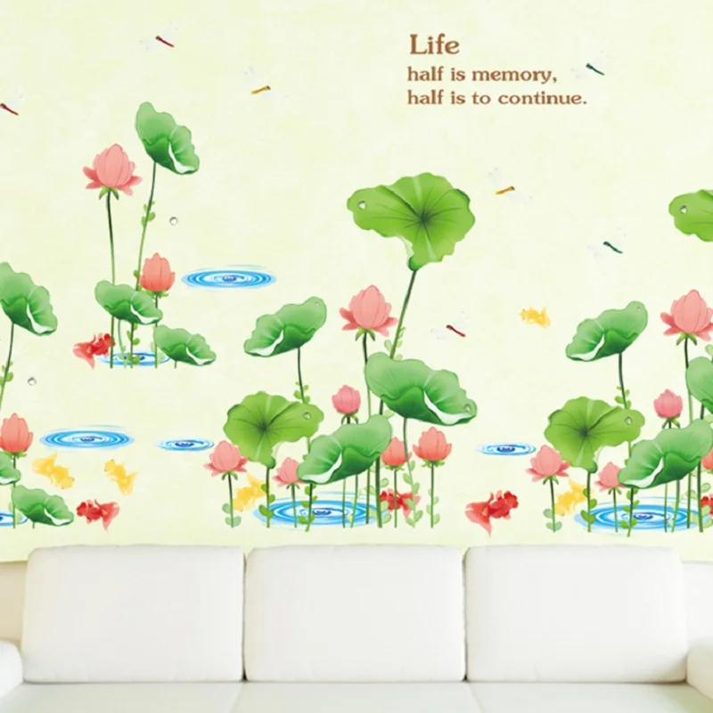 

Vivid Lotus Flower Fish Pond Wall Stickers For Shop Office House Decoration Diy Pastoral Scenery Wall Mural Art Home Decals