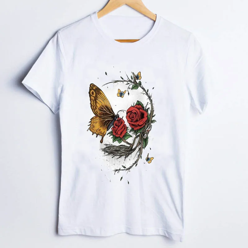 Футболка женская с коротким рукавом топ цветочным принтом изображением бабочки