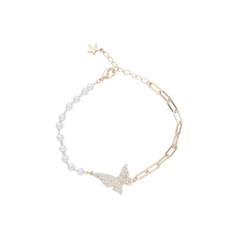 

LOVOACC Fairy Bling Rhinestone Butterfly Charm Bracelets for Women Asymmetric Beaded Pearls Gold Color Link Chains Bracelet Gift