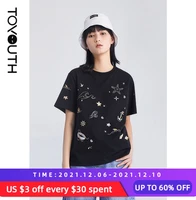 toyouth women tees 2021 summer short sleeve round neck loose t shirts sea theme embroidery print casual tops
