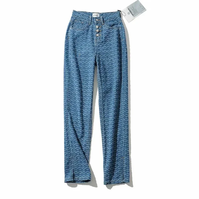 

Fashionable Wave Pattern Jacquard Design Jeans Split Jeans Spring Women's Pants High Waist Slim Casual Simple Trousers