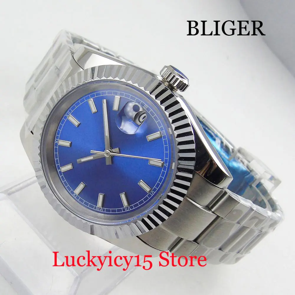 BLIGER 40mm Blue Watch Dial Automatic Men s Watch Auto Date Mental Bracelet Self Winding Watch