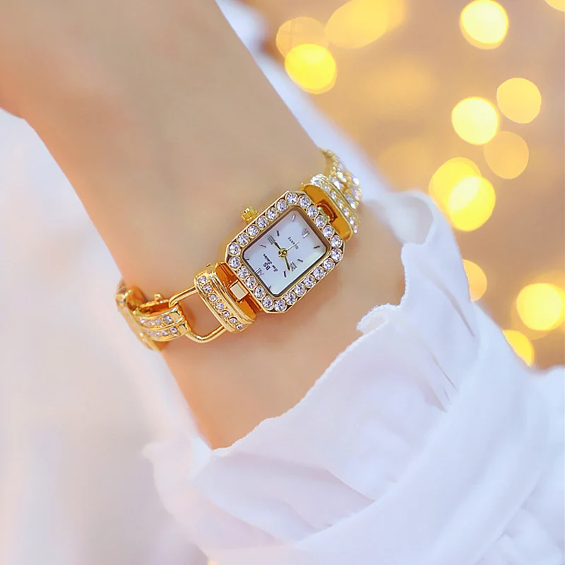 Женские наручные часы из нержавеющей стали золотые с кристаллами и бриллиантами