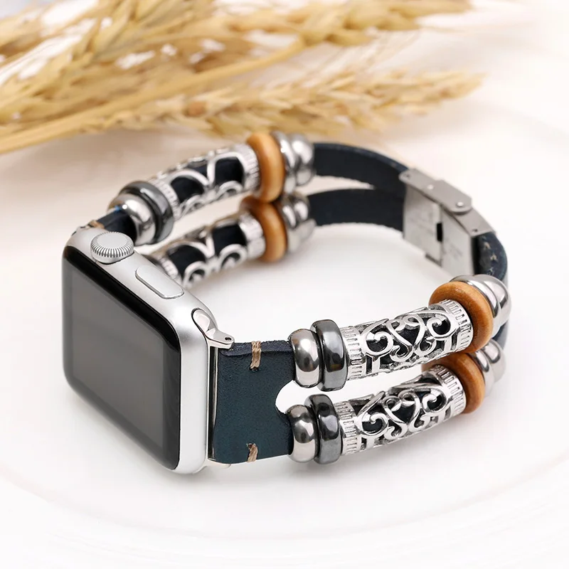 

Retro Handmade Beads Real Leather stap For Apple Watch band 38mm 40mm 42mm 44mm Cowhide Apple iWatch Serie 5 3 4 6 SE Bracelet