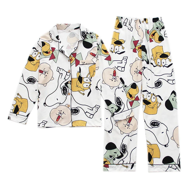

Japanese spring and autumn new 100% cotton ladies cartoon dog knitted long-sleeved trousers pajamas suit home service women
