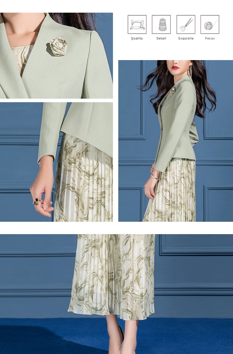 

2021 Spring New Casual Match Clothes Green Blazer and Dress 2 PCS Set for Ladies