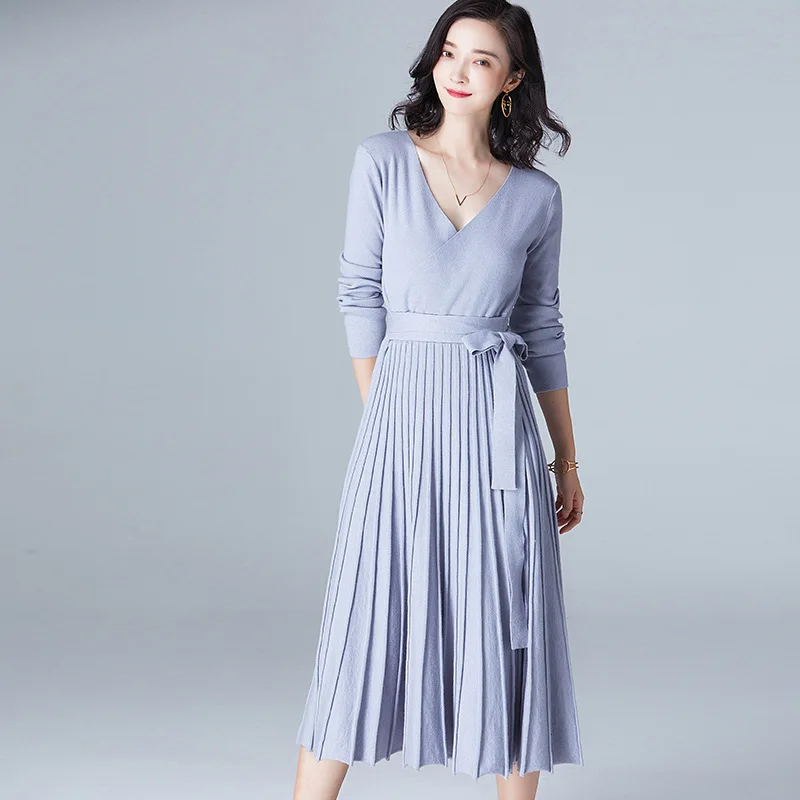 Осенне весенние Стильные женские вязаные платья сужающаяся к талии платье с v