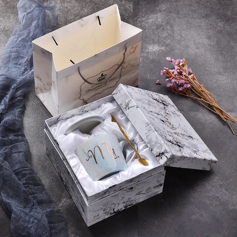 Gift Set (Blue) 01 Мраморная керамика в европейском стиле кружка с позолоченными краями офисная кружка чашка для молока подарочный набор кофе для пары красивая кружка - Цвет: Gift Set (Blue) 01