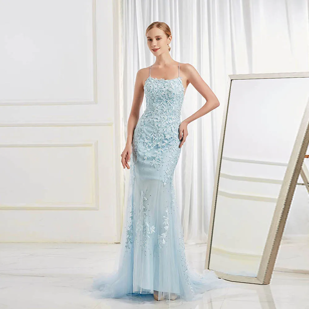 

Sweet Sky Blue Long Prom Dresses Straps Tulle Lace Appliques Crystals Lace-up Party Dress Mermaid Robe
