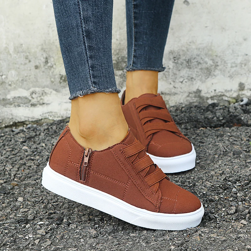 

Women Casual Vulcanized Shoes 2021 Low-cut Zipper Flat Sneakers Women Comfy Canvas Shoes Outdoor Walking Shoes Zapato Mujer
