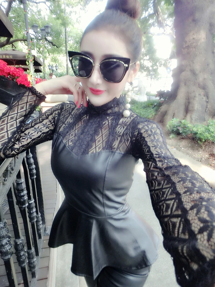Black t-shirt Пикантные прозрачные футболки для женщин; сезон весна-осень; кружевная вышивка; искусственная кожа; Лоскутная юбка с баской; эластичный клубный Топ; длинный рукав; T99691 - Цвет: Black t-shirt