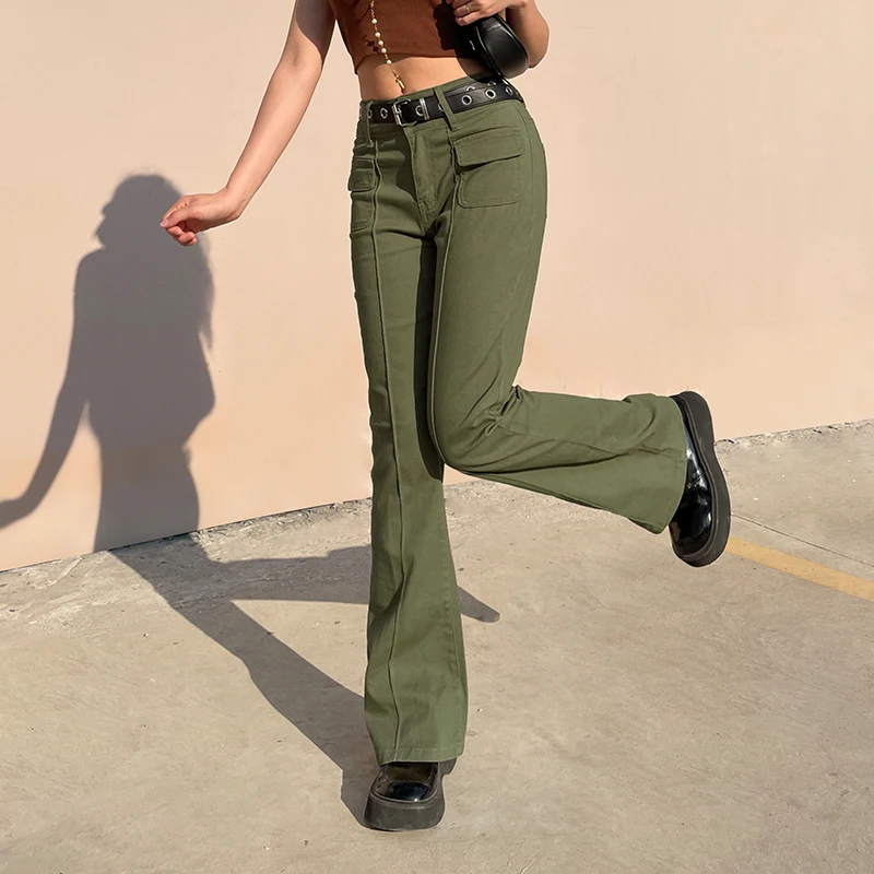 

Grunge Denim Cargo Pants Pockets Low Waist Flare PantsWomen Patchwork Green Y2K Pants Streetwear Hip Hop Harajuku 2021