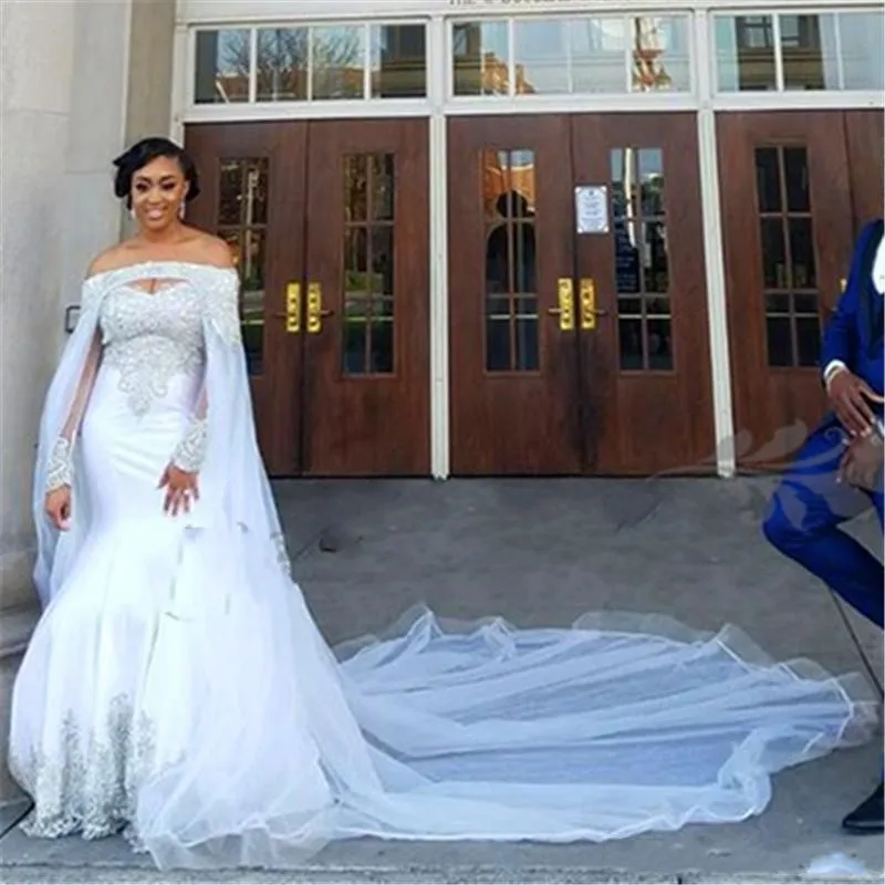 

Nigerian African Mermaid Wedding Dresses with cape watteau train Crystal Beaded long sleeves bateau Bridal Gowns plus size