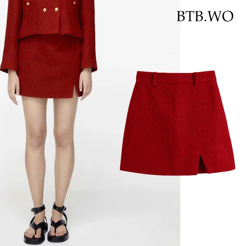 

BTB.WO Za 2021 Vintage Red Textured Skirt Women Hem Split High Waist Mini Skirts Woman Fashion Short Sexy Summer Skirt