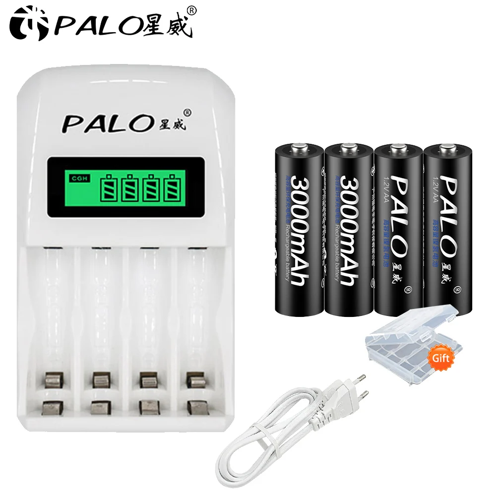 PALO 8 шт. AA 3000mAh Ni-MH 1,2 V перезаряжаемые батареи aa аккумулятор с ЖК-дисплеем смарт-зарядное устройство - Цвет: 4PCS with charger