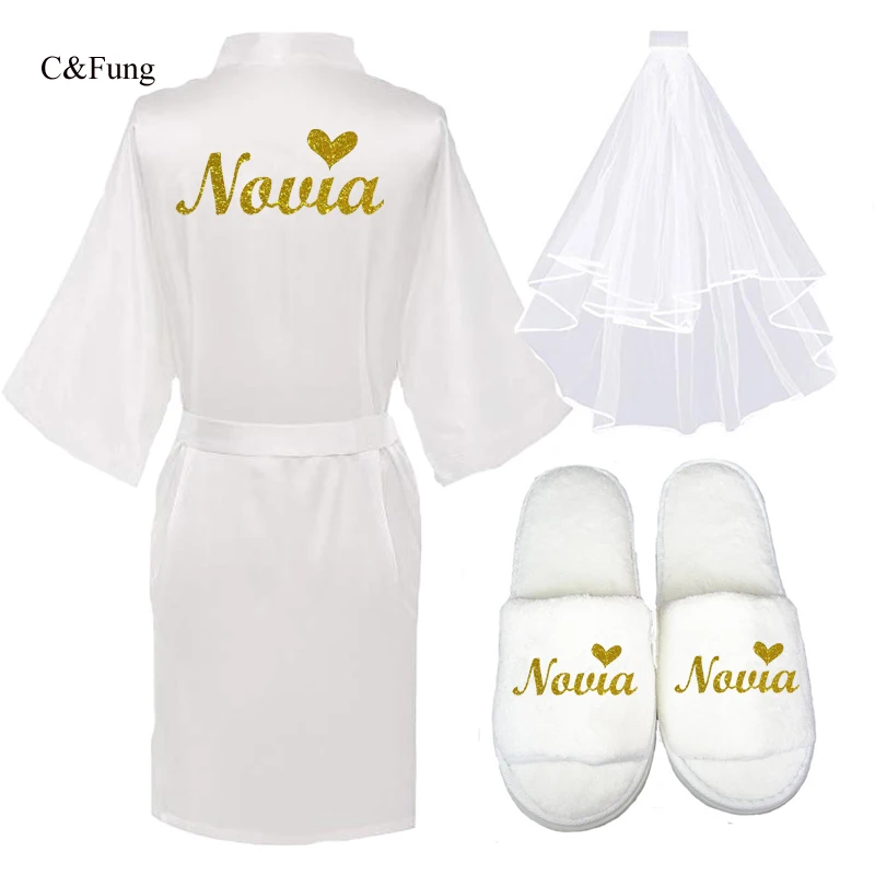 Комплект из 3 предметов с блестками, Novia Espanol, испанский халат атласный, женские свадебные туфли с вуалью, вечерние, Короткое Кимоно, атласный Халат