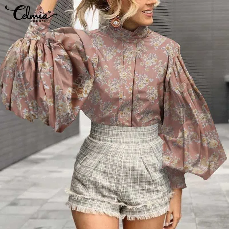 

Fashion Women's Blouses 2021 Celmia Autumn Long Lantern Sleeve Floral Print Tunic Shirt Stand Collar Casual Loose Tops