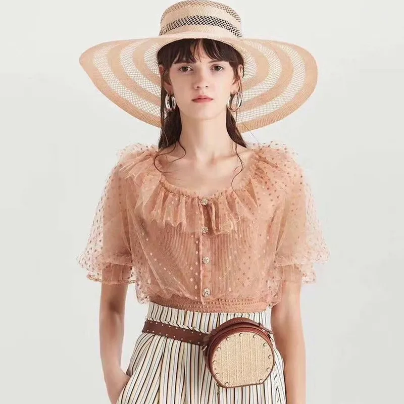 Топ вязаный кружевная блузка для женщин 2020 летнее платье с милыми рюшами бантом