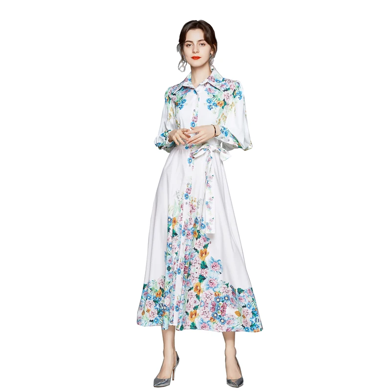 

2021 Newest Full Summer High Quality Elegant Casual Shirt Dress Vintage Floral Print Robe Femme Dubai Turkey Arabic Maxi Dresses