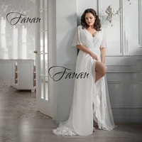 sexy v neck lace wedding dress short sleeve front high slit chiffon floor length bridal gown robe de soir%c3%a9e de mariage plus size