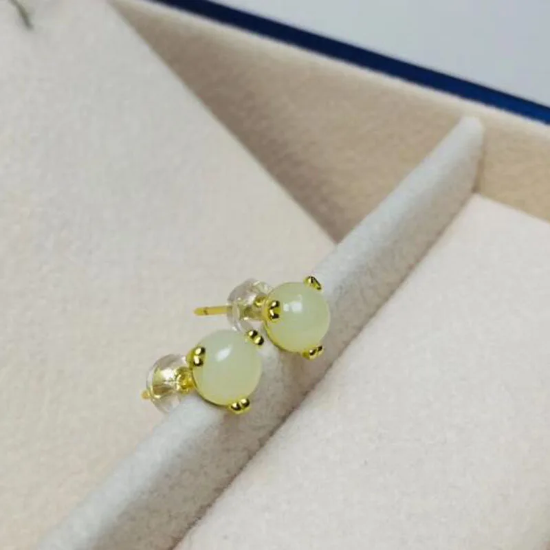 

925 Sterling Silver Natural Chinese Hetian White Jade Stud Earrings For Women Jewelry