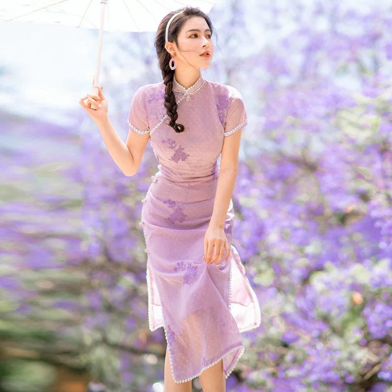 

Summer New Female French Purple Young Cheongsam Cute Sweet Dress Fairy Girl