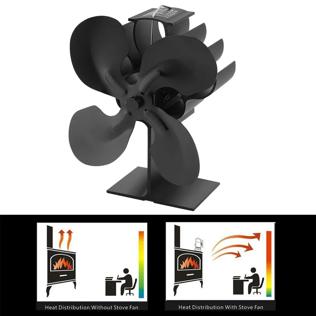 

Black Fireplace 4 Blades Heat Powered Stove Fan Wood Burner Quiet Home Fireplace Fan Efficient Heat Distribution and Thermometer