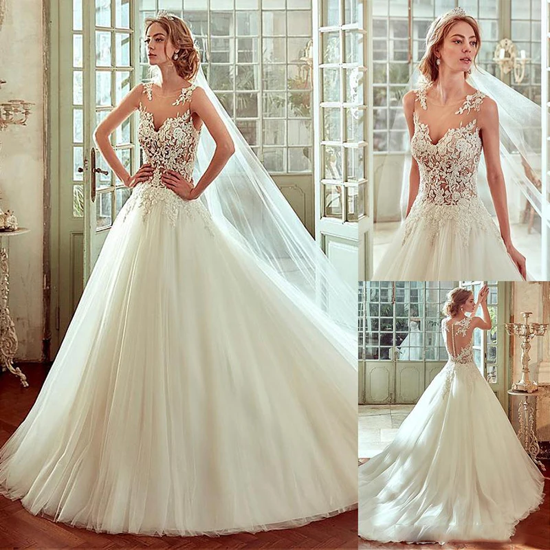 

Glamorous Tulle & Satin Bateau Neckline See-through A-Line Wedding Dresses With Beaded Lace Appliques Bridal Gowns vestido de no