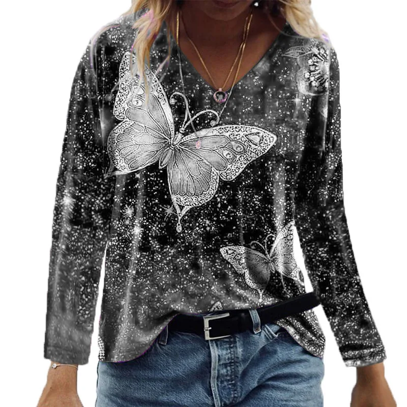 

Women's jacket early autumn 2021 new casual jacket V-neck butterfly print loose long-sleeved fashion woman T-shirt