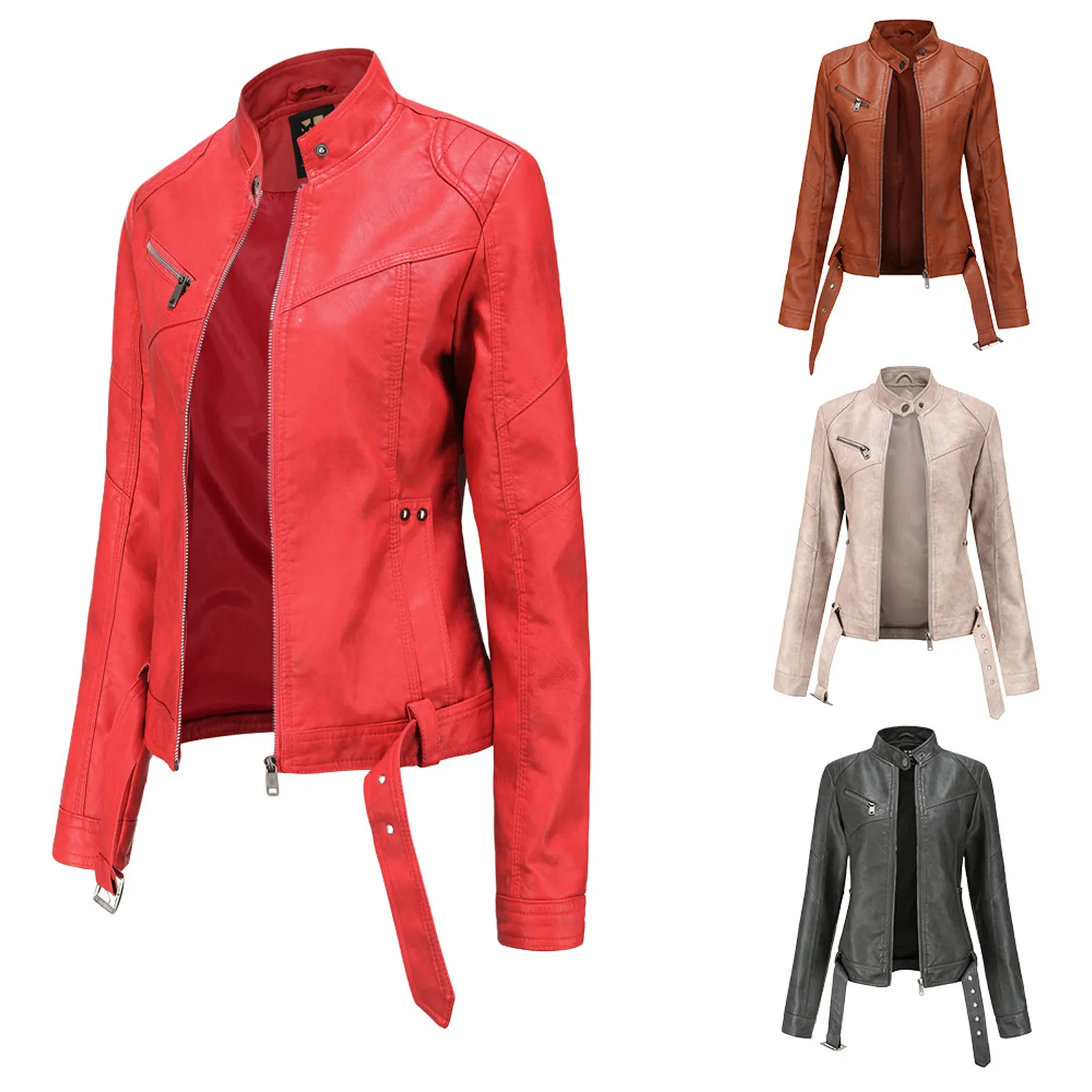 

New Ladies Slim Faux Leather Jacket Stand-Up Collar Long Sleeve Overcoat Zipper Cardigan Short Coat abrigos mujer invierno 2021