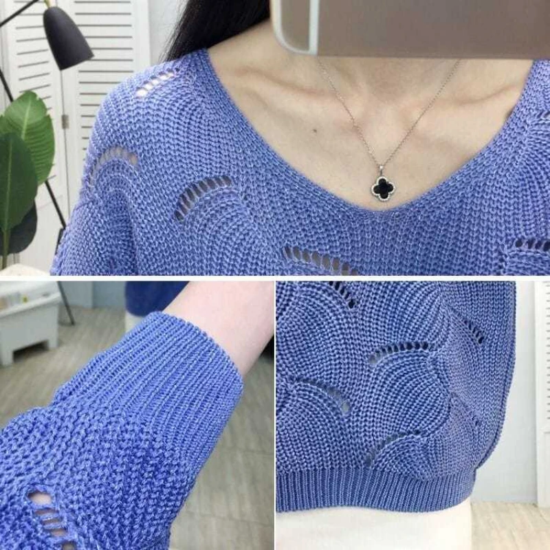 

2020 spring dress new Korean version of large-size hollow knitwear women's casual V-neck loose long-sleeved thin knitwear autumn