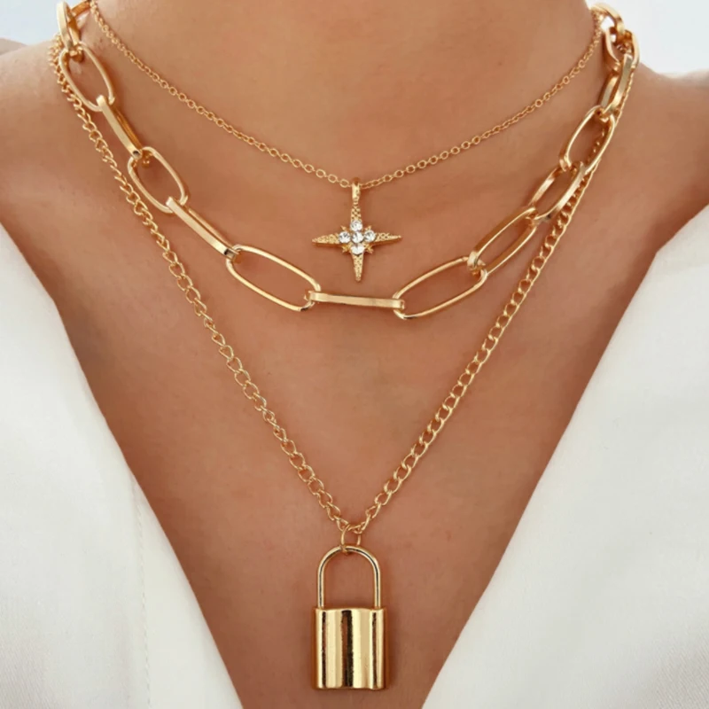 

Fashion Multilayer Padlock Punk Star Pendant Necklaces for Women Gold Color Geometric Chain Choker Charm Femme Gift Jewelry