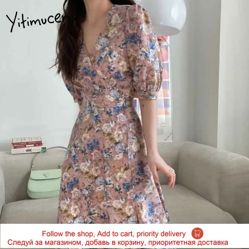 

Yitimuceng Vintage Floral Print Dresses for Women Lace Up High Waist Puff Sleeve Sundress 2021 Summer Korean Fashion Midi Dress