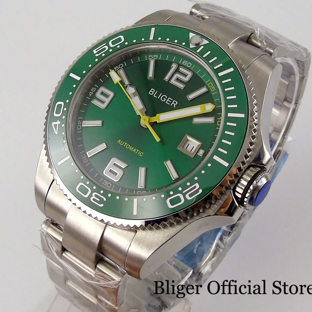 

BLIGER Big Green 43mm Automatic Men Watch Sapphire Crystal 21 Jewels MIYOTA 8215 Brushed Bracelet Screwdown Crown