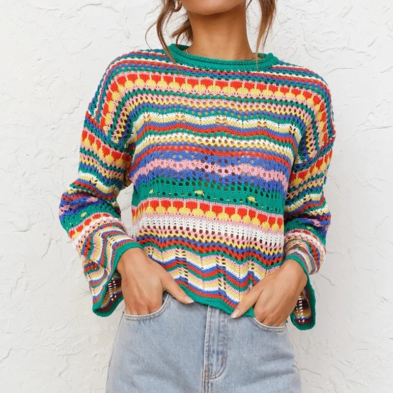 

hirigin Knitted Pullovers Women Round Neck Loose Sweaters Bohemian Long Sleeve Crochet Knit Pullover Tops Rainbow Sweaters