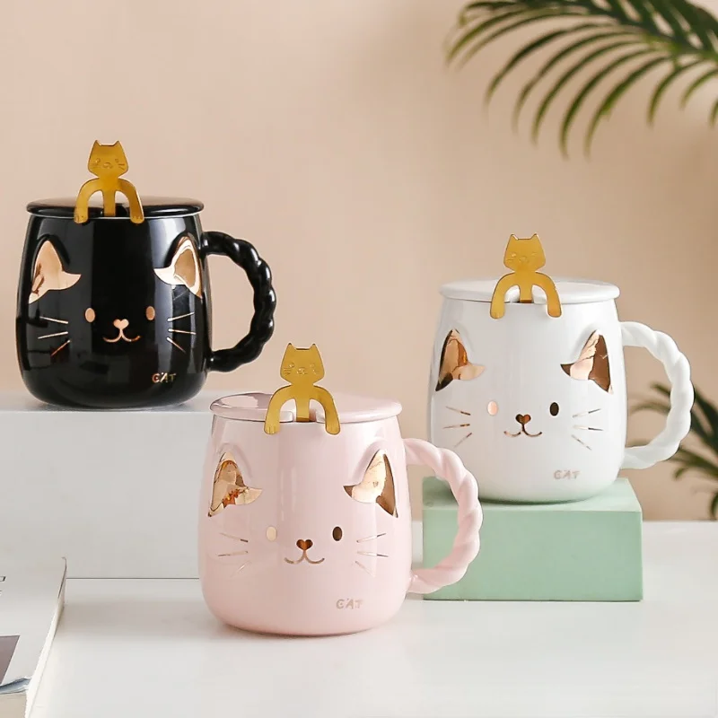 

Cat Ceramic Mug With Lids Spoons Gold Coffee Cup Creative Cartoon Drinkware Sweetheart Holiday Gifts Water Bottle