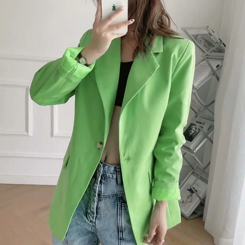 

Autumn 2021 Spring Notched Single Button Green Full Loose Suit Coat Fashion Big Pocket Coat High Quality Office Lady Blazer p357